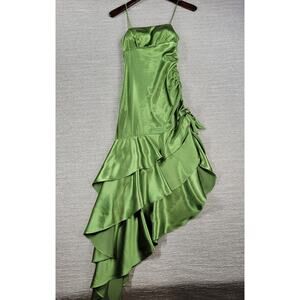 Vtg Y2k Linda Bernell Satin Prom Formal Dress 3 Green Cinhed Asymmetrical Hem